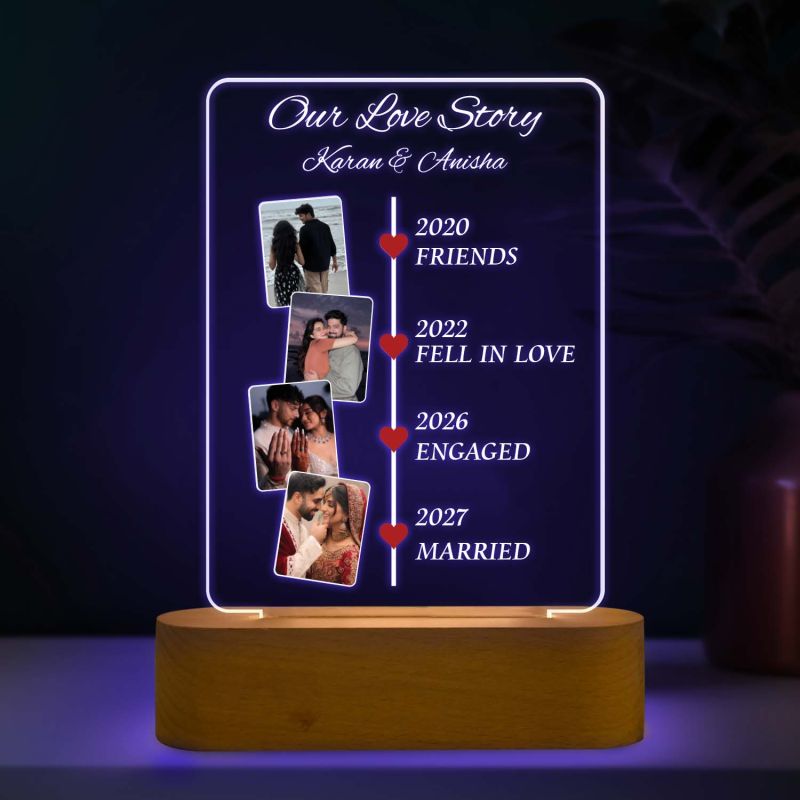 Personalized Our Love Story Couple Photo LED Lamp with Light & Wooden Stand Anniversary Gift for Husband Wife Birthday Gift Memorable Gift Item 7 Color Changing Light
